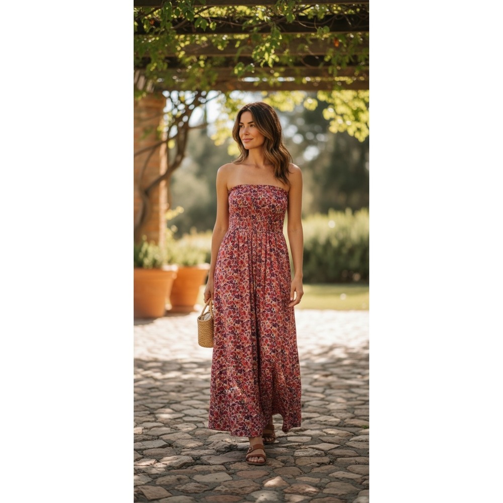 XXI Forever Floral Smocked Waist Strapless‎ Maxi Dress Pink Purple Medium